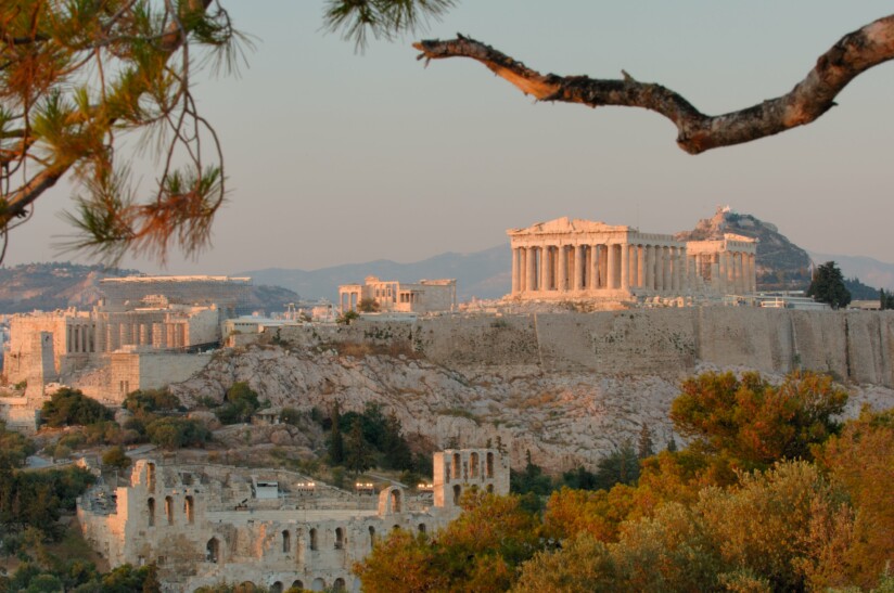 A view of the acropolis in Athens, Greece during sunset