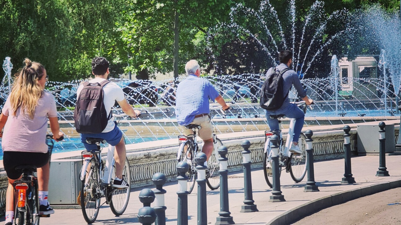 Cyclists ride through Union Square in Bucharest, Romania
