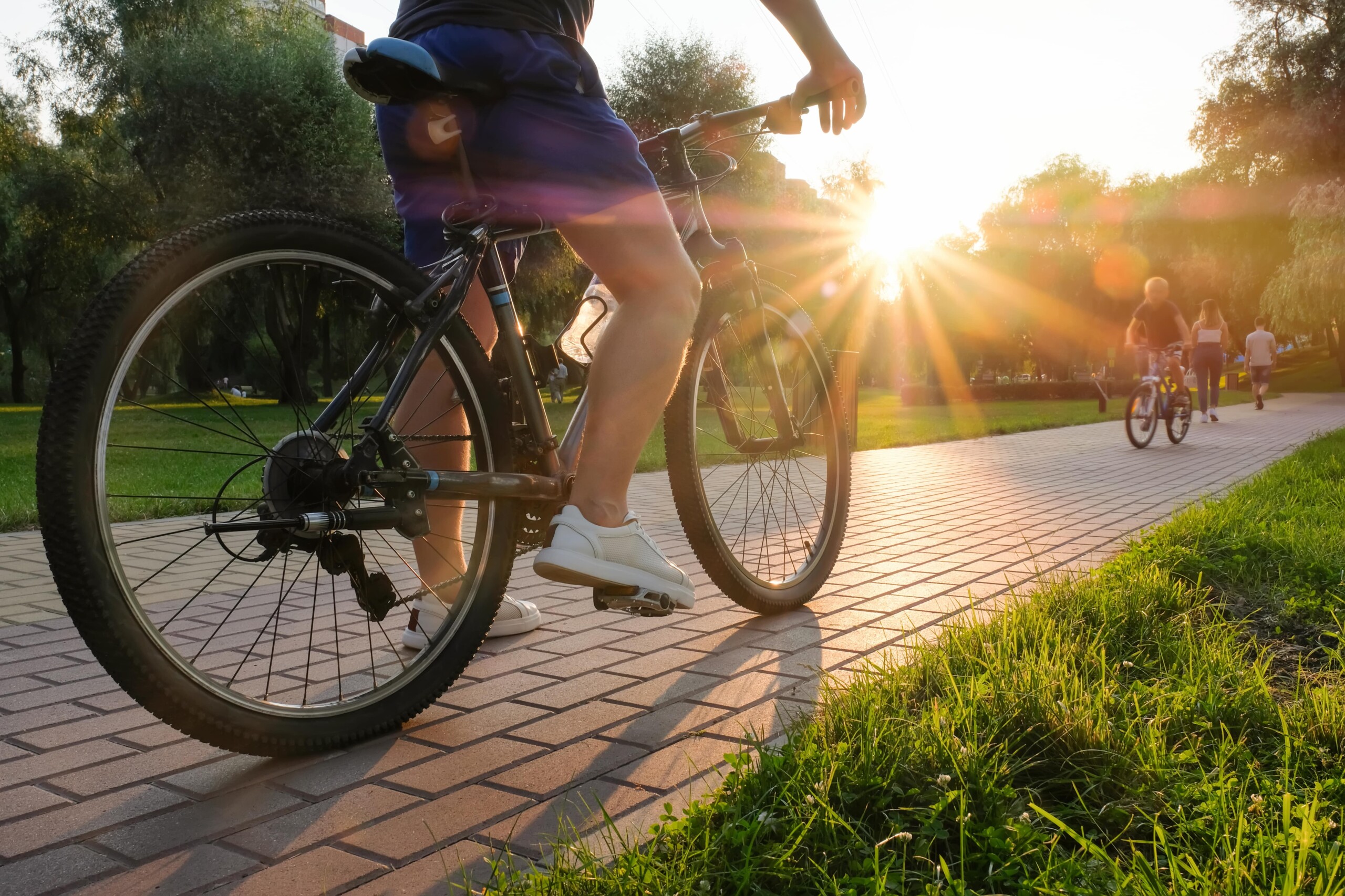 A person riding a bike along a brick bike path