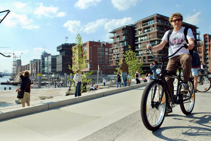 Riding a bike through Hamburg, Germany