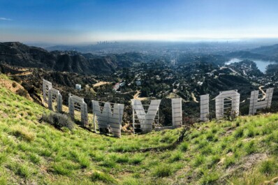 A view of Los Angeles from behind the Hollywood sign