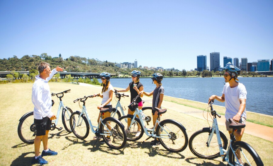 A group of cyclists at Perth's south foreshore