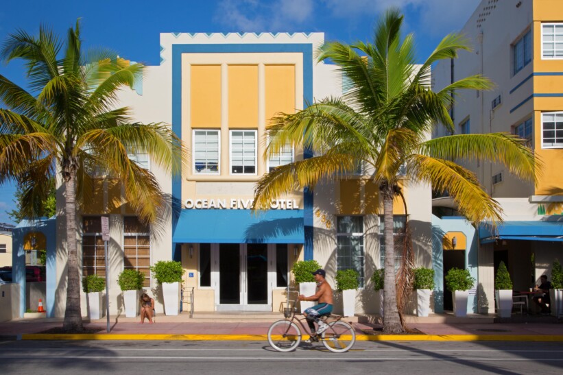 An art deco yellow building in Miami, Florida